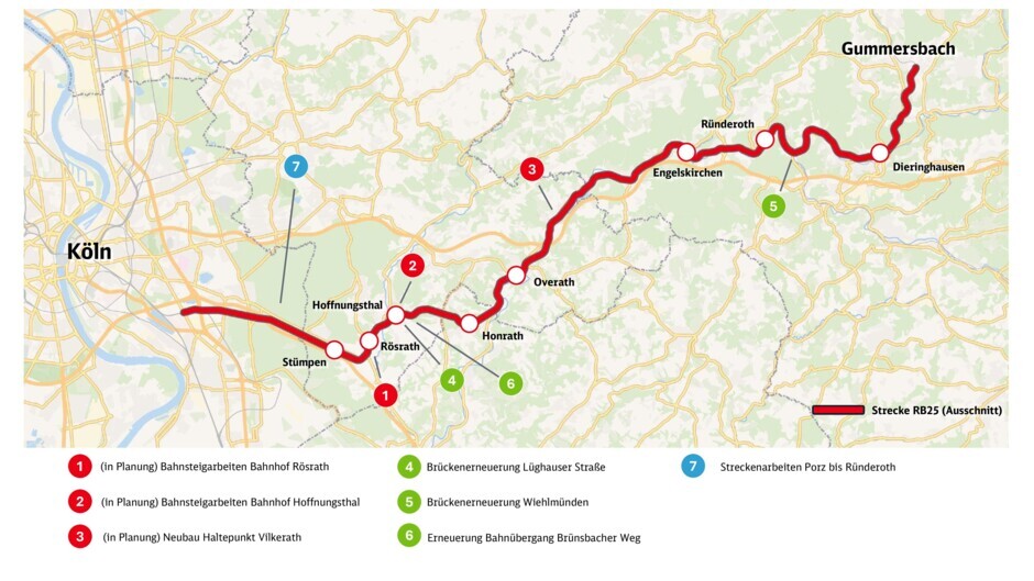 Übersicht Sperrzeit der Strecke RB25 im Jahr 2026 In der mehrmonatigen Sperrzeit wird eine Vielzahl an Maßnahmen gebündelt umgesetzt