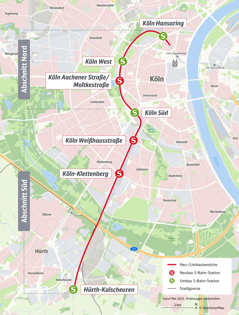 Streckenkarte Ausbau der Westspange: Abschnitt Nord und Abschnitt Süd Streckenkarte Ausbau der Westspange: Abschnitt Nord und Abschnitt Süd
